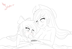 Size: 8183x5553 | Tagged: explicit, artist:jeglegator, apple bloom, applejack, age difference, banned from derpibooru, equestria girls, female, group sex, human, humanized, imported from twibooru, lolicon, male, male pov, offscreen character, pov, semi-incest, sex, sketch, threesome, underage