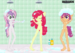 Size: 3508x2480 | Tagged: explicit, artist:excelso36, apple bloom, scootaloo, sweetie belle, anthro, banned from derpibooru, barefoot, bath, bathing, bathing together, belly button, casual nudity, cutie mark crusaders, equestria girls, feet, female, imported from twibooru, lolicon, nipples, nudity, plantigrade anthro, shampoo, shower, soap bubble, underage, vulva, wet hair
