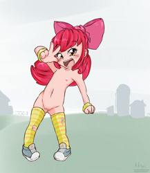 Size: 1300x1500 | Tagged: explicit, artist:makoruu, apple bloom, banned from derpibooru, blushing, clothes, female, human, humanized, imported from twibooru, lolicon, nudity, solo, underage