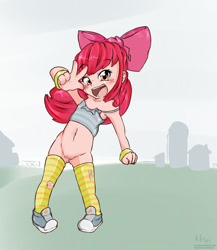 Size: 1300x1500 | Tagged: explicit, artist:makoruu, apple bloom, banned from derpibooru, blushing, bottomless, clothes, female, human, humanized, imported from twibooru, lolicon, no panties, solo, underage