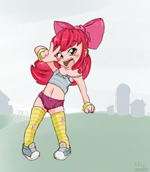Size: 1300x1500 | Tagged: questionable, artist:makoruu, apple bloom, banned from derpibooru, blushing, clothes, female, human, human coloration, humanized, imported from twibooru, lolicon, panties, solo, underage, underwear