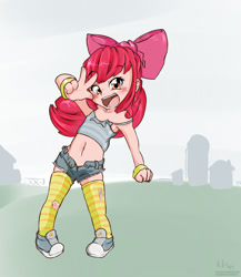 Size: 1300x1500 | Tagged: suggestive, artist:makoruu, apple bloom, banned from derpibooru, blushing, clothes, commando, female, human, humanized, imported from twibooru, lolicon, solo, underage