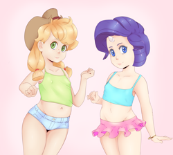 Size: 3153x2829 | Tagged: suggestive, artist:sundown, applejack, rarity, alternate version, applejack's hat, banned from derpibooru, belly button, bracelet, breasts, child, clothes, cowboy hat, delicious flat chest, erect nipples, female, freckles, hat, horn, horned humanization, human, humanized, imported from twibooru, jacqueline applebuck, jewelry, juliette d'rarie, lolicon, looking at you, nipple outline, shorts, small breasts, smiling, smiling at you, tanktop, tutu, underage, young, younger