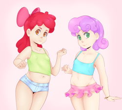 Size: 3153x2829 | Tagged: suggestive, artist:sundown, apple bloom, sweetie belle, alternate version, banned from derpibooru, belly button, bow, bracelet, breasts, child, clothes, delicious flat chest, erect nipples, female, horn, horned humanization, human, humanized, imported from twibooru, jewelry, lolicon, looking at you, nipple outline, shorts, small breasts, smiling, smiling at you, tanktop, tutu, underage, young