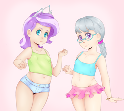 Size: 3153x2829 | Tagged: suggestive, artist:sundown, diamond tiara, silver spoon, alternate version, banned from derpibooru, belly button, bracelet, breasts, child, clothes, delicious flat chest, erect nipples, female, glasses, human, humanized, imported from twibooru, jewelry, lolicon, looking at you, nipple outline, shorts, small breasts, smiling, smiling at you, tanktop, tiara, tutu, underage, young