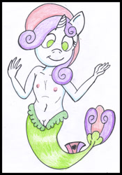 Size: 573x820 | Tagged: explicit, artist:rdk, sweetie belle, anthro, banned from derpibooru, female, green eyes, imported from twibooru, lolicon, mermaid, sea pony, underage, underwater, unicorn