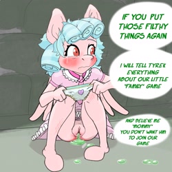 Size: 2048x2048 | Tagged: explicit, grimdark, artist:stardust-pony, aftersex, anthro, banned from derpibooru, bottomless, clopfic in description, clothes, cozy glow, crying, female, gaping, implied chrysalis, implied futa on female, implied rape, imported from twibooru, lolicon, panties, partial nudity, pegasus, rape, sex, sexual harassment, speech bubble, underage, underwear, unguligrade anthro, verbal abuse