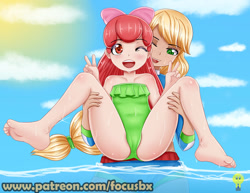 Size: 1280x990 | Tagged: suggestive, artist:focusb, apple bloom, applejack, applejack's beach shorts swimsuit, banned from derpibooru, blushing, clothes, female, females only, human, human coloration, humanized, imported from twibooru, lolicon, one-piece swimsuit, swimsuit, underage, wet
