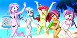 Size: 2031x1000 | Tagged: suggestive, artist:uotapo, apple bloom, diamond tiara, scootaloo, silver spoon, sweetie belle, banned from derpibooru, beach, bikini, clothes, equestria girls, female, imported from twibooru, lolicon, panties, sling bikini, swimsuit, thong, underage, underwear