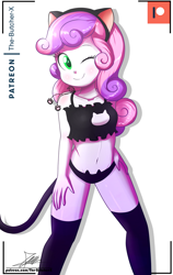 Size: 920x1460 | Tagged: suggestive, artist:the-butch-x, sweetie belle, banned from derpibooru, boob window, bra, cat ears, cat keyhole bra set, cat lingerie, cat tail, clothes, equestria girls, female, imported from twibooru, lolicon, simple background, solo, underage, underwear, white background