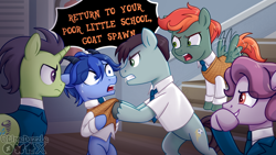 Size: 1920x1080 | Tagged: safe, artist:limedazzle, oc, oc:crowley, oc:james, bully, bullying, clothes, colt, earth pony, foal, goat, goat pony, horn, imported from derpibooru, male, pegasus, pony, unicorn
