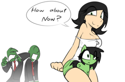 Size: 2668x1748 | Tagged: safe, artist:madragon, oc, oc:anon, oc:anon-mare, oc:filly anon, breasts, cleavage, clothes, duo, female, filly, foal, human, humanized, implied transformation, imported from derpibooru, male, pony to human, question mark, simple background, suit, text, white background