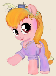 Size: 1836x2480 | Tagged: safe, artist:yellow paper anon, clothes, cosplay, costume, cozy glow, drawthread, female, filly, foal, freckles, g4, gadget hackwrench, hair dye, imported from derpibooru, looking at you, pegasus, pony, raised leg, requested art, simple background, solo, yellow background