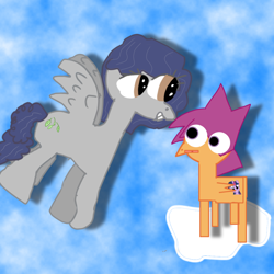 Size: 1000x1000 | Tagged: safe, artist:pinkiedied, oc, oc:fluffy mist, oc:scoocrenkoo, cloud, cutie mark, duo, duo female, female, filly, filly scroocrenkoo, foal, imported from derpibooru, not scootaloo, oc only, pegasus, pegasus oc, pony