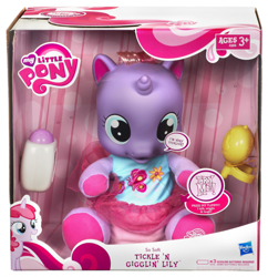 Size: 1201x1243 | Tagged: safe, ages 3+, baby, baby lily (g4), baby pony, baby powder, box, box cover, clothes, cute, dialilys, diaper, dress, electronic toy, female, filly, foal, g4, g4 logo, hasbro, hasbro logo, high res, horn, implied tickling, imported from derpibooru, irl, lily (g4), logo, my little pony logo, official, photo, pony, rattle, shirt, simple background, sitting, skirt, so soft, so soft tickle 'n gigglin' lily, toy, try me, tutu, unicorn, white background, younger