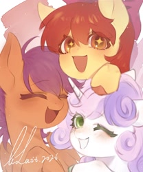 Size: 2000x2400 | Tagged: safe, artist:moorelait, apple bloom, scootaloo, sweetie belle, 2026, :d, ;d, ^^, adorabloom, bow, cute, cutealoo, cutie mark crusaders, diasweetes, earth pony, eyes closed, female, filly, foal, g4, hair bow, horn, imported from derpibooru, looking at you, one eye closed, open mouth, open smile, pegasus, pink bow, pony, signature, simple background, smiling, starry eyes, unicorn, unshorn fetlocks, white background, wingding eyes