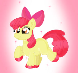 Size: 1280x1202 | Tagged: safe, artist:digital-cybunny-love, apple bloom, adorabloom, apple bloom's bow, blank flank, bow, colored hooves, cute, digital-cybunny-love is trying to murder us, earth pony, eyebrows, eyebrows visible through hair, female, filly, foal, g4, gradient background, hair bow, hooves, imported from derpibooru, pony, raised hoof, raised leg, smiling, solo, sparkles, standing on two hooves, unshorn fetlocks, weapons-grade cute