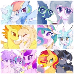 Size: 1440x1440 | Tagged: safe, artist:ammm1218a, princess celestia, princess flurry heart, rainbow dash, oc, alicorn, commission, crying, drawing, drink, drinking, drinking straw, ear fluff, ear piercing, earring, eyebrows, eyebrows visible through hair, female, filly, foal, g4, glasses, glowing, glowing horn, hairclip, heart shaped glasses, hoof shoes, horn, hug, imported from derpibooru, jewelry, looking at you, magic, mare, mother and child, mother and daughter, neckerchief, pegasus, peytral, piercing, pony, princess cadance, regalia, selfie, smiling, smiling at you, spitfire, sunset shimmer, sweat, tears of joy, telekinesis, unicorn, winghug, wings