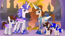Size: 1280x719 | Tagged: safe, artist:s tory time, oc, oc:bellbrine, oc:istika marvell, alicorn, alicorn oc, artificial horn, artificial wings, augmented, canterlot, children, clothes, colt, crown, female, filly, foal, future, horn, imported from derpibooru, jewelry, male, oc only, outdoors, pony, regalia, ship:belltika, shipping, wings