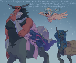Size: 1700x1400 | Tagged: safe, artist:abbytabbys, queen chrysalis, twilight sparkle, series:equestria's end, alicorn, alternate universe, bag, black sclera, broken horn, carrying, centaur, changeling, changeling queen, cozy glow, fangs, female, filly, flying, foal, g4, horn, imported from derpibooru, infection au, legion of doom, lord tirek, male, mare, nose piercing, nose ring, older, older twilight, older twilight sparkle (alicorn), outdoors, pegasus, piercing, pony, princess twilight 2.0, saddle bag, slit pupils, snow, snowfall, spread wings, sweat, taur, unconscious, wings