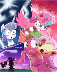 Size: 1080x1350 | Tagged: safe, artist:loreto-arts, fluttershy, princess flurry heart, spike, age regression, alicorn, angry, bat ponified, bat pony, biting, cheek bite, cross-popping veins, cute, dragon, emanata, female, filly, flutterbat, foal, g4, imported from derpibooru, jealous, madorable, male, outdoors, pony, puffy cheeks, race swap, ship:flutterspike, shipping, straight, trio, winged spike, wings, younger
