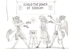Size: 1400x1020 | Tagged: safe, artist:baron engel, apple bloom, scootaloo, sweetie belle, anthro, bucket, bucket of water, clothes, cutie mark crusaders, earth pony, female, filly, foal, g4, goggles, horn, imported from derpibooru, lab coat, monochrome, pegasus, pencil drawing, safety goggles, science fair, sodium, story included, this will end in explosions, this will end in fire, this will end in tears and/or death and/or covered in tree sap, traditional art, unguligrade anthro, unicorn