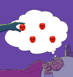 Size: 1101x1159 | Tagged: safe, artist:anonymous, applejack, oc, oc:anon, apple, bed, drawthread, dream, duo, earth pony, female, filly, foal, food, g4, imported from derpibooru, in bed, night, pony, pure unfiltered evil, requested art, sleeping, stealing, younger