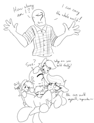 Size: 650x851 | Tagged: safe, artist:anonymous, applejack, oc, oc:anon, oc:colt anon, oc:filly anon, 2 panel comic, bald, blushing, bridal carry, carrying, clothes, colt, comic, cute, drawthread, earth pony, faggot, family, female, filly, foal, g4, holding a pony, human, imported from derpibooru, interspecies offspring, male, man, mare, monochrome, offspring, parent:applejack, parent:oc:anon, pony, pony oc, requested art, shipping, shirt, simple background, slur, straight, vulgar