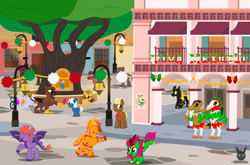 Size: 2568x1692 | Tagged: safe, artist:wheatley r.h., oc, oc:tailcoatl, celebration, changeling, corn, dancing, derpibooru exclusive, dracony, dragon, dragoness, earth pony, earth zebra, feathered dragon, female, filly, flower pot, foal, food, griffon, happy, honeypot changeling, hybrid, imported from derpibooru, kirin, male, mare, mexico, mexicolt, oc only, outdoors, pegasus, pony, popsicle, raised hoof, september 16th, spread wings, stallion, street, street lamp, streetlight, sunset, tree, vector, watermark, wings, yellow changeling, zebroid, zony