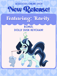 Size: 2064x2730 | Tagged: safe, artist:carouselunique, oc, oc:dolly dusk, advertisement, cloven hooves, curved horn, fangs, female, filly, foal, horn, hybrid, imported from derpibooru, interspecies offspring, keychain, looking at you, mouth hold, oc only, offspring, parent:chancellor neighsay, parent:sonata dusk, plushie, pony, shark, slit pupils, smiling, smiling at you, solo, text