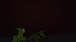 Size: 1920x1080 | Tagged: safe, oc, oc:colt anon, anonymous artist, colt, darkness, duo, ears back, earth pony, fear, foal, g4, imported from derpibooru, lineless, looking at something, male, no pupils, oc only, pinpoint eyes, pony, raised hoof, undead