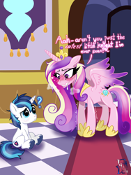 Size: 1620x2160 | Tagged: suggestive, artist:inkdoll, shining armor, alicorn, blushing, castle, colt, colt shining armor, drool, duo, female, floating heart, flustered, foal, g4, heart, horn, imminent foalcon, imported from derpibooru, indoors, looking at each other, looking at someone, male, mare, pony, princess cadance, question mark, sitting, unicorn, younger