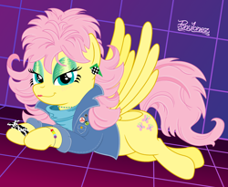 Size: 2376x1952 | Tagged: safe, artist:ponylonez, fluttershy, oc, oc:filly anon, 80's fashion, 80s, 80s fluttershy, 80s hair, abstract background, badge, bedroom eyes, big hair, buttons, clothes, denim, denim jacket, derpibooru exclusive, draw me like one of your french girls, ear piercing, edit, eyeshadow, female, filly, fluttershy's cutie mark, foal, g4, grid background, hooves, imported from derpibooru, jacket, jewelry, lips, lipstick, looking at you, lying down, makeup, mare, mascara, ms paint, necklace, pegasus, piercing, poland, pony, prone, retro, retrowave, shiny mane, smiling, smiling at you, solidarity, solo, spread wings, sweatband, sweater, synthwave, tail, unitra, vaporwave, wings