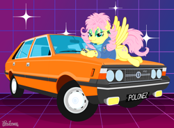 Size: 5760x4240 | Tagged: safe, artist:ponylonez, fluttershy, oc, oc:filly anon, 80's fashion, 80s, 80s fluttershy, 80s hair, abstract background, absurd resolution, badge, bedroom eyes, big hair, buttons, car, chrome, clothes, denim, denim jacket, derpibooru exclusive, draw me like one of your french girls, ear piercing, eyeshadow, female, filly, fluttershy's cutie mark, foal, fso, fso polonez, g4, glass, grid background, headlights, hooves, hubcaps, imported from derpibooru, jacket, jewelry, license plate, lips, lipstick, looking at you, lying down, lying on car, makeup, mare, mascara, ms paint, necklace, pegasus, piercing, poland, pony, prone, retro, retrowave, shadow, shiny, shiny mane, smiling, smiling at you, solidarity, solo, spread wings, stars, sweatband, sweater, synthwave, tail, text, triple anniversary, unitra, vaporwave, vehicle, wheel, wings