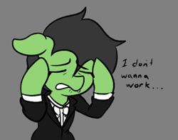 Size: 800x626 | Tagged: safe, artist:anonymous, oc, oc:filly anon, colored, dialogue, drawthread, earth pony, earth pony oc, eyebrows, eyebrows visible through hair, female, female oc, filly, flat colors, foal, gray background, imported from derpibooru, ponified, pony, pony oc, requested art, sad, simple background