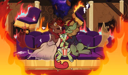 Size: 2048x1212 | Tagged: safe, artist:triadichues, oc, oc:chrysanthemum, oc:chrysanthemum (tender), accessory, burning, clothes, commission, dream, dress, eyes closed, family, father and child, female, filly, fire, foal, food, holding, imported from derpibooru, indoors, kirin, looking at you, male, mare, mother and child, oc only, popcorn, stallion, suit, theater
