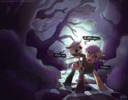Size: 3957x3086 | Tagged: semi-grimdark, artist:xconito, scootaloo, absurd file size, alternate universe, backlighting, bloodshot eyes, body horror, commission, dialogue, duo, eyebrows, eyebrows visible through hair, featherless wings, female, filly, foal, forest, g4, high res, imported from derpibooru, infection au, molting, monster, nature, outdoors, pegasus, pony, speech bubble, tree, vine, wings