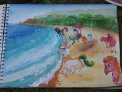 Size: 2560x1928 | Tagged: safe, artist:rasmary, oc, oc:barrel, oc:fish, oc:little stick, oc:φιλέτο, 2026, acrylic painting, beach, classical hippogriff, clothes, colt, dress, ear piercing, ears, female, female oc, foal, full body, group, hippogriff, horn, hybrid, imported from derpibooru, jewelry, kirin, male, mare, nudity, oc only, ocean, outdoors, palm tree, piercing, pony, quadrupedal, sand, scenery, short mane, slave, smiling, stallion, standing, summer, tail, traditional art, tree, unicorn, water, watercolor painting, zebra, zebroid, zony