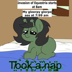 Size: 1100x1100 | Tagged: safe, artist:unitxxvii, oc, oc:ayynonfilly, oc:filly anon, alien, alien pony, bed, earth pony, female, filly, foal, imported from derpibooru, indoors, lidded eyes, lying down, oc only, on bed, pony, prone, smiling, solo, text, vulgar