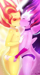 Size: 850x1575 | Tagged: explicit, artist:born-to-die, twilight sparkle, banned from derpibooru, belly button, breasts, choker, clothes, delicious flat chest, equestria girls, female, females only, gloves, glowing horn, horn, horns are touching, hug, imported from twibooru, kissing, lesbian, lolicon, midnight sparkle, shipping, sunset shimmer, sunsetsparkle, underage, underwear