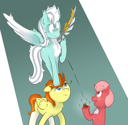 Size: 1200x1168 | Tagged: safe, artist:gibby17, oc, oc:cloud hopper, oc:sunny celerity, amputee, behaving like a cat, chest fluff, cockroach, colored wings, confused, derpibooru exclusive, female, filly, foal, freckles, gradient wings, horn, imported from derpibooru, insect, missing cutie mark, oc only, pegasus, pony, prosthetic limb, prosthetics, trio, underbelly, unicorn, waving, wings