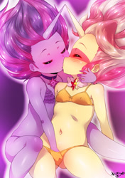 Size: 694x986 | Tagged: explicit, artist:born-to-die, twilight sparkle, banned from derpibooru, belly button, beneath clothes, bra, breasts, clothes, delicious flat chest, equestria girls, female, females only, hand in underwear, horn, horns are touching, hug, imported from twibooru, kissing, lesbian, lolicon, shipping, softcore, sunset shimmer, sunsetsparkle, underage, underwear
