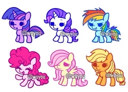Size: 848x611 | Tagged: safe, artist:wuyou, applejack, fluttershy, pinkie pie, rainbow dash, rarity, twilight sparkle, dot eyes, earth pony, eyes closed, female, filly, filly mane six, filly pinkie pie, filly rainbow dash, filly rarity, filly twilight sparkle, foal, furrowed brow, g4, horn, imported from derpibooru, lidded eyes, mane six, mare, obtrusive watermark, open mouth, open smile, pegasus, pony, simple background, smiling, unicorn, unicorn twilight, watermark, white background, younger