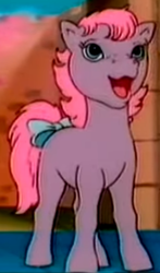 Size: 272x464 | Tagged: safe, adorember, bow, cropped, cute, ember (g1), female, filly, foal, g1, imported from derpibooru, open mouth, open smile, pony, rescue at midnight castle, screencap, smiling, solo, tail, tail bow
