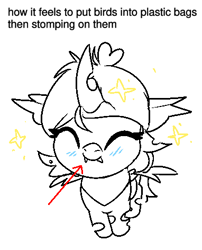Size: 382x472 | Tagged: safe, artist:cicadalous, oc, oc:c1558, arrow, caption, changeling, changeling oc, eyes closed, female, filly, foal, image macro, implied violence, imported from derpibooru, nymph, oc only, pixel-crisp art, pony, simple background, smiling, solo, sparkles, text, white background