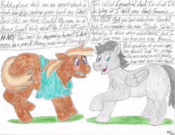 Size: 4390x3385 | Tagged: safe, artist:bluegreen369, oc, oc:brown sugar, oc:cloudy skies, blank flank, blue eyes, blushing, brown coat, brown mane, clothes, colt, dialogue, duo, duo male, ears back, earth pony, earth pony oc, eyebrows, eyebrows visible through hair, foal, folded wings, g4, grass, gray coat, gray mane, gritted teeth, human to pony, imported from derpibooru, loose fitting clothes, male, not button mash, not rumble, oc only, pegasus, pegasus oc, pony, post-transformation, purple eyes, raised hoof, scared, shirt, simple background, smiling, teeth, traditional art, transformation, varying degrees of want, wavy mouth, white background, wings