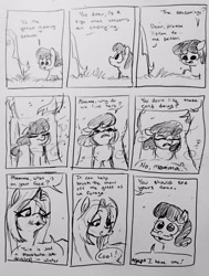 Size: 2296x3039 | Tagged: safe, artist:pony quarantine, oc, series:pq funnies, comic, comic strip, cute, dialogue, duo, duo female, earth pony, facial hair, female, filly, foal, grayscale, imported from derpibooru, mare, monochrome, mother and child, mother and daughter, moustache, oc only, pencil drawing, pony, silly, traditional art, wind, windswept mane