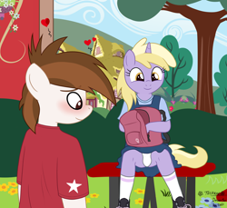 Size: 2990x2735 | Tagged: suggestive, artist:an-tonio, artist:deserter, artist:tolpain, anthro, backpack, banned from derpibooru, blushing, clothes, collaboration, dinky hooves, dress, earth pony, female, garden, imported from twibooru, lolicon, male, panties, panty shot, peeping, peeping tom, pipsqueak, ponyville schoolhouse, school, sitting, skirt, sundress, underage, underwear, unicorn, upskirt, white panties, white underwear