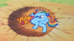 Size: 1214x669 | Tagged: safe, artist:dapperlilarts, rainbow dash, scootaloo, butt, crater, duo, duo female, family guy death pose, female, filly, foal, g4, imported from derpibooru, mare, outdoors, pegasus, plot, pony, rainbutt dash, scootabutt, scratches, yamcha's death pose