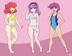 Size: 1451x1129 | Tagged: suggestive, artist:chango-tan, apple bloom, scootaloo, sweetie belle, alternate hairstyle, banned from derpibooru, bikini, clothes, cutie mark crusaders, female, females only, human, human female, humanized, imported from twibooru, lipstick, lolicon, one-piece swimsuit, simple background, swimsuit, trio, trio female, underage
